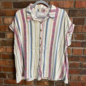 True Craft womens linen blend striped button front top white 2X